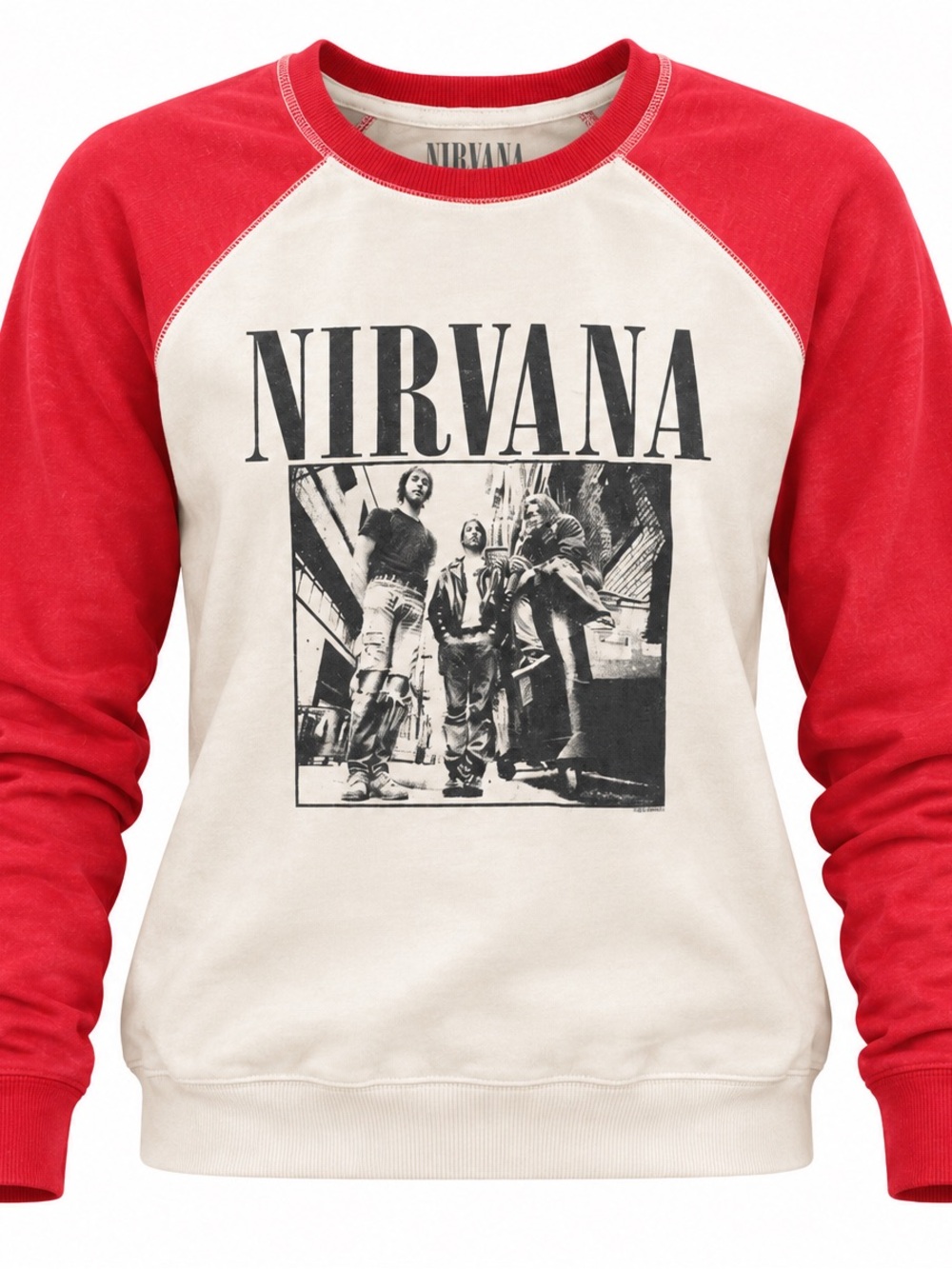 NIRVANA Cream Crewneck Sweatshirt with Red Raglan Sleeves